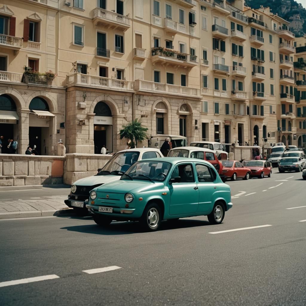 Fiat Multipla Races in Monaco: Cinematic Film Still
