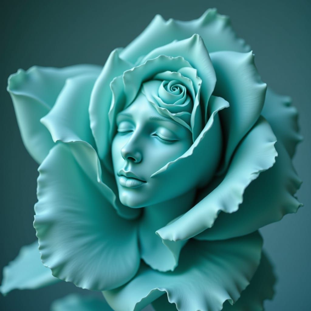 Aqua Rose Sculpture with Feminine Face in 3D