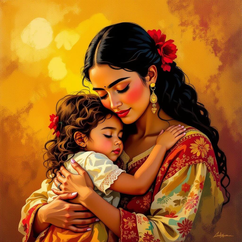 Warm Mother-Child Embrace with Expressive Textures
