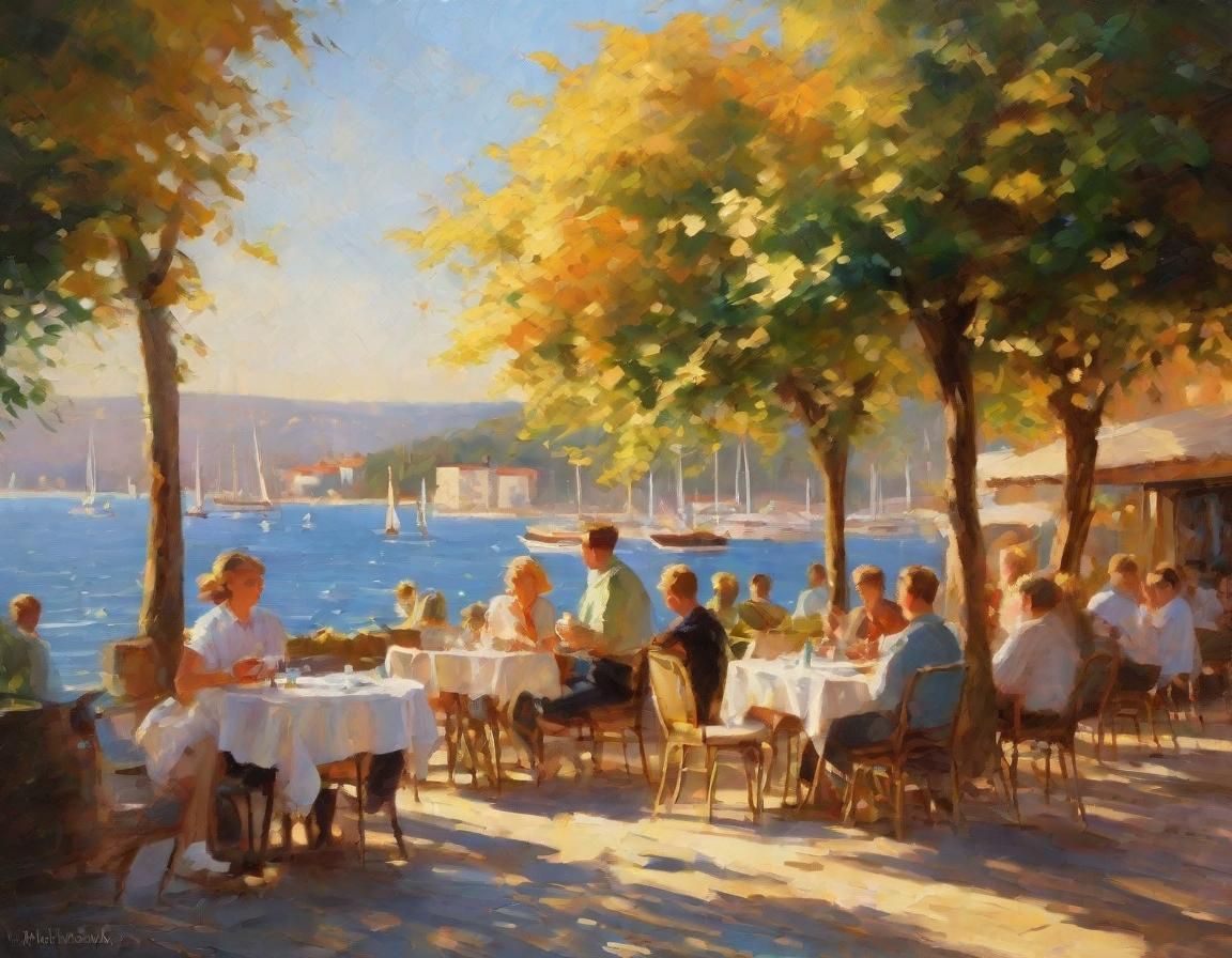 Seaside Cafe Scene in Impressionist Style