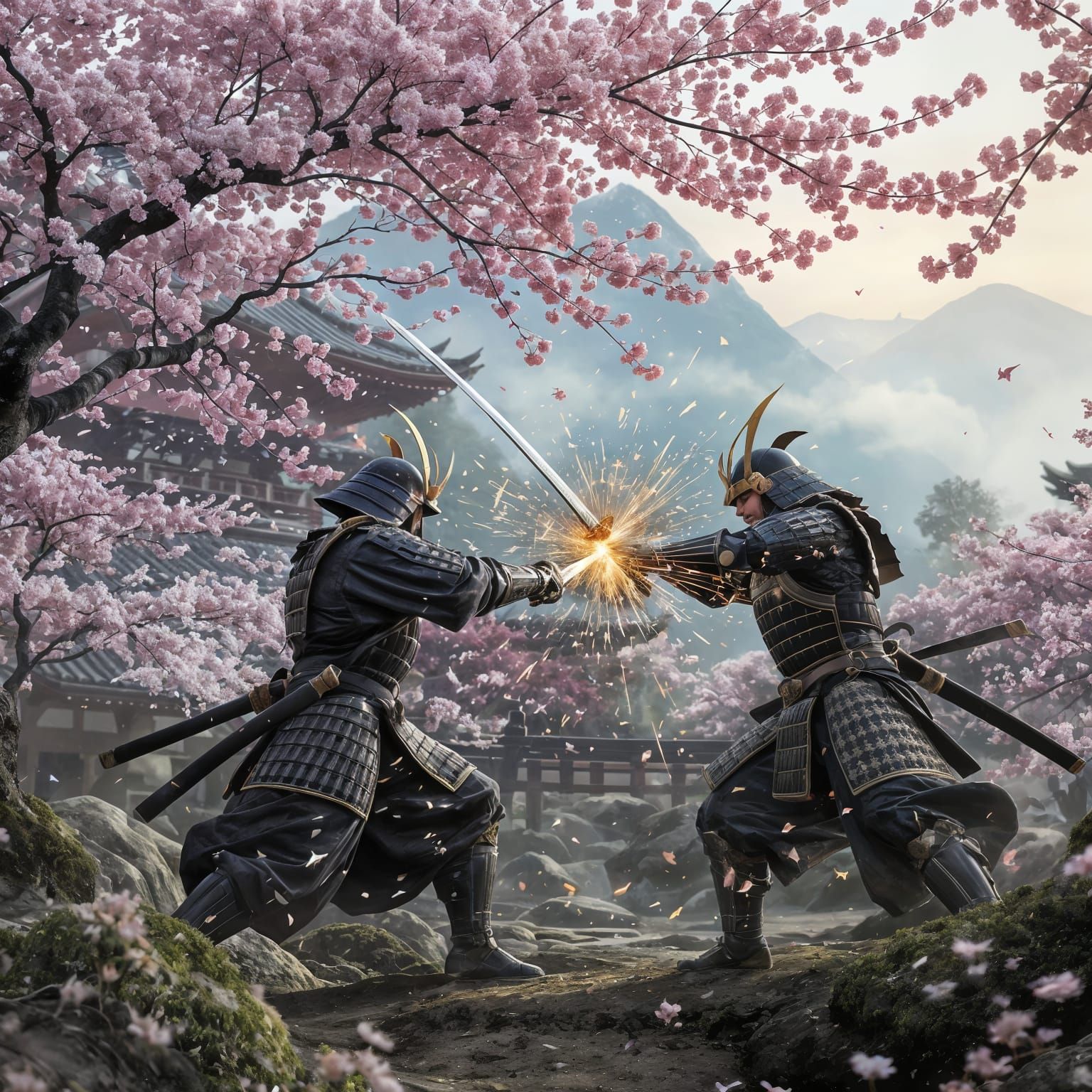 Samurai Duel Under Cherry Blossoms: Hyperrealistic Digital M...