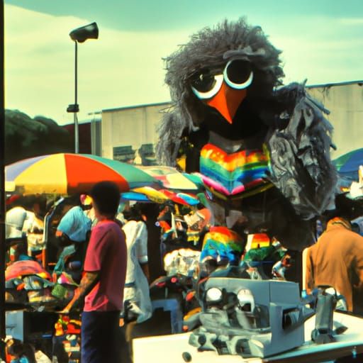 Rainbow Big Bird Selling Robots, 1970s NYC Photo