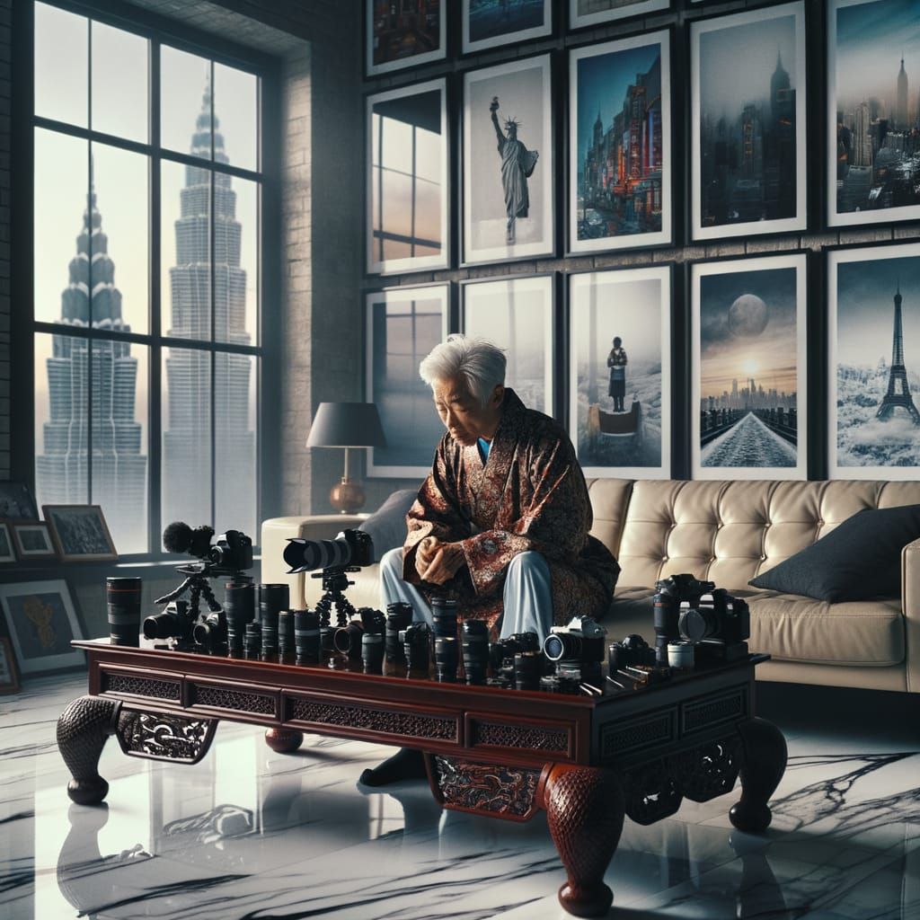 Photographer in Asian Gown with Winter City View