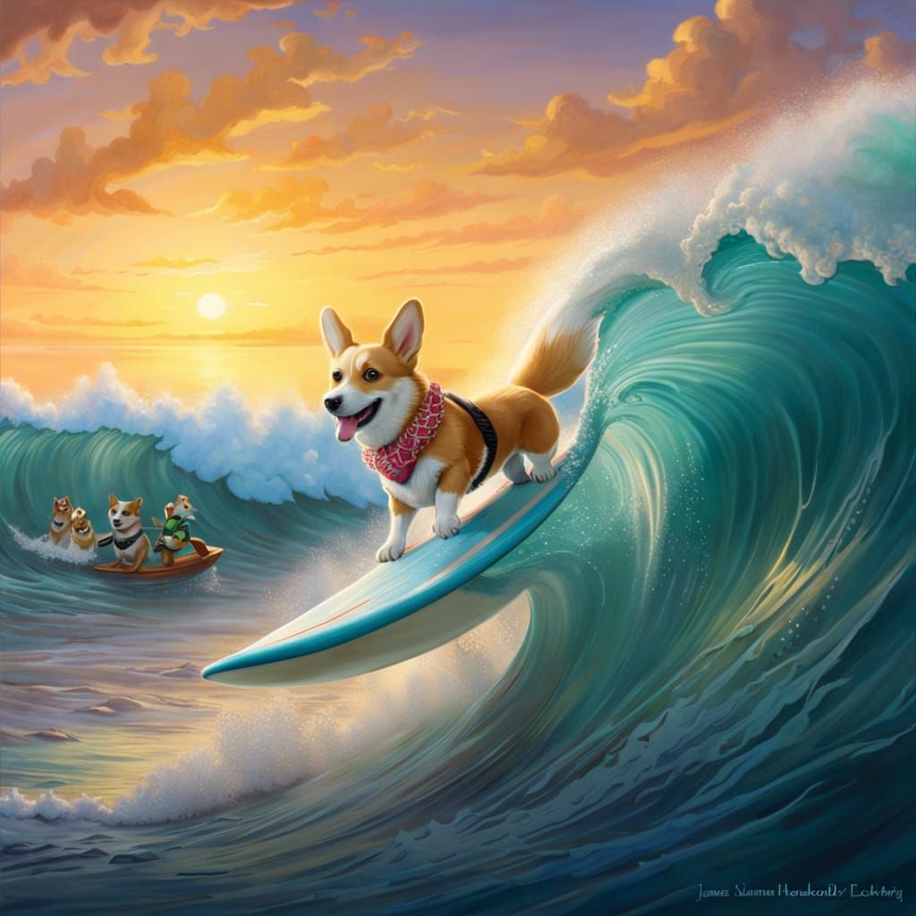 Corgi Surfer in Hawaii: Detailed Matte Painting