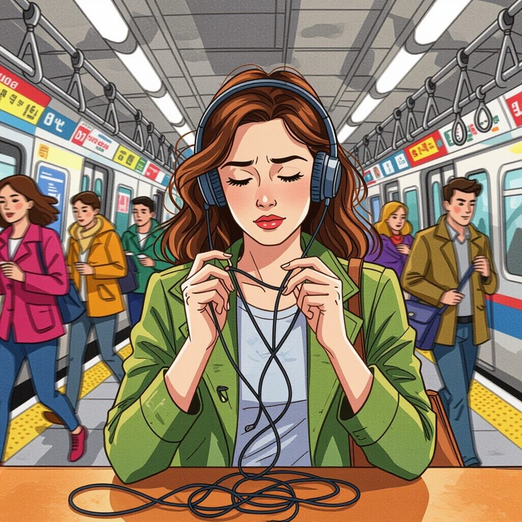 Woman Untangles Headset Cord in Busy Subway Station