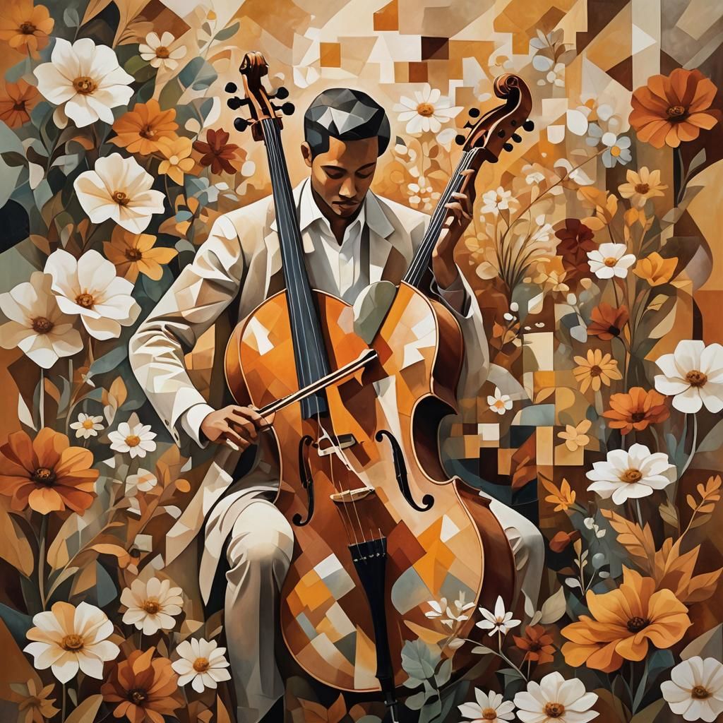 Cubist Musician in Autumn Garden with Cello