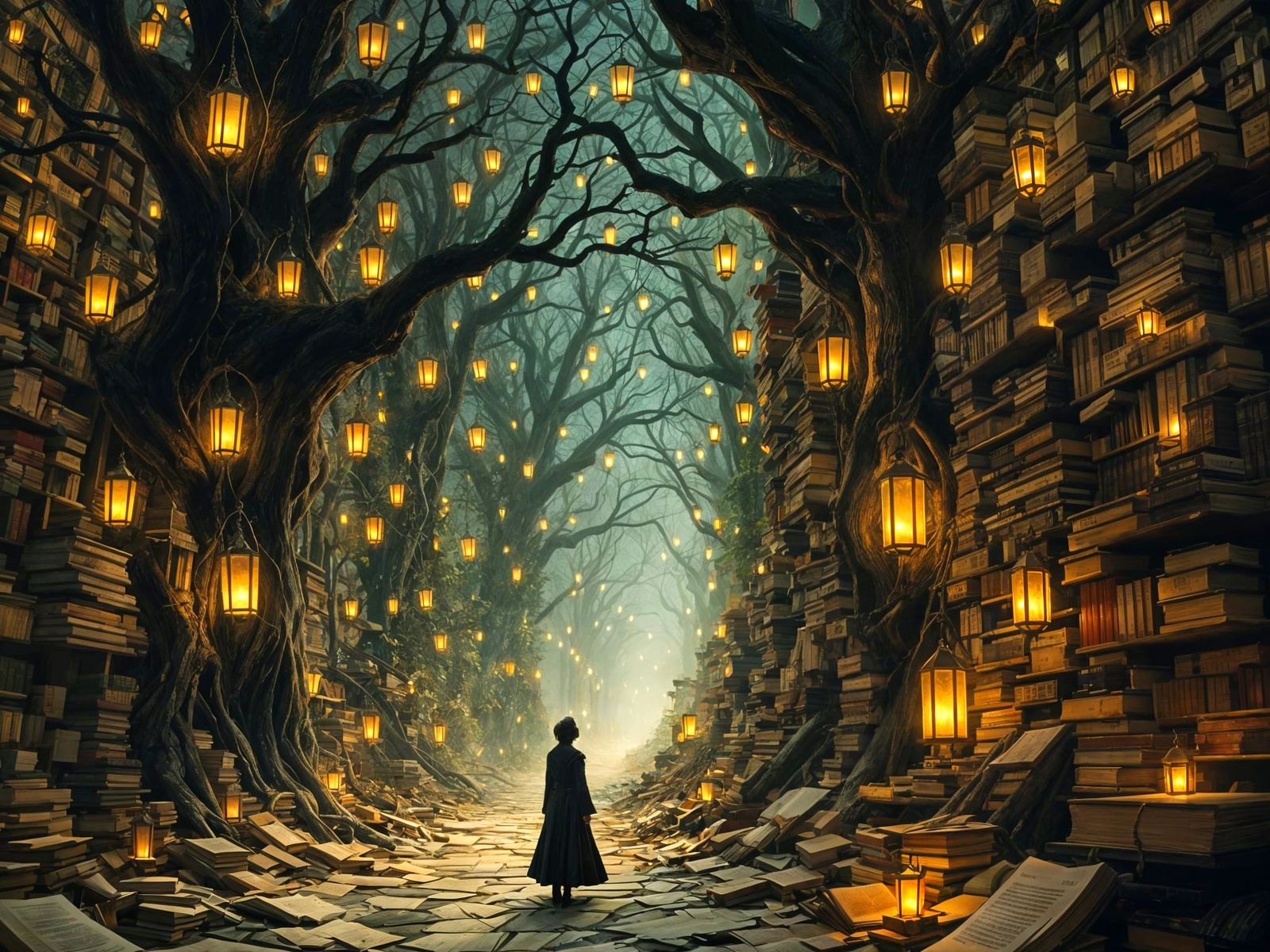 Surreal Forest Library in Art Nouveau Style