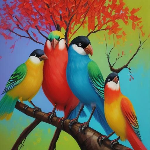 Colorful Bird Family in Abstract Oil Painting