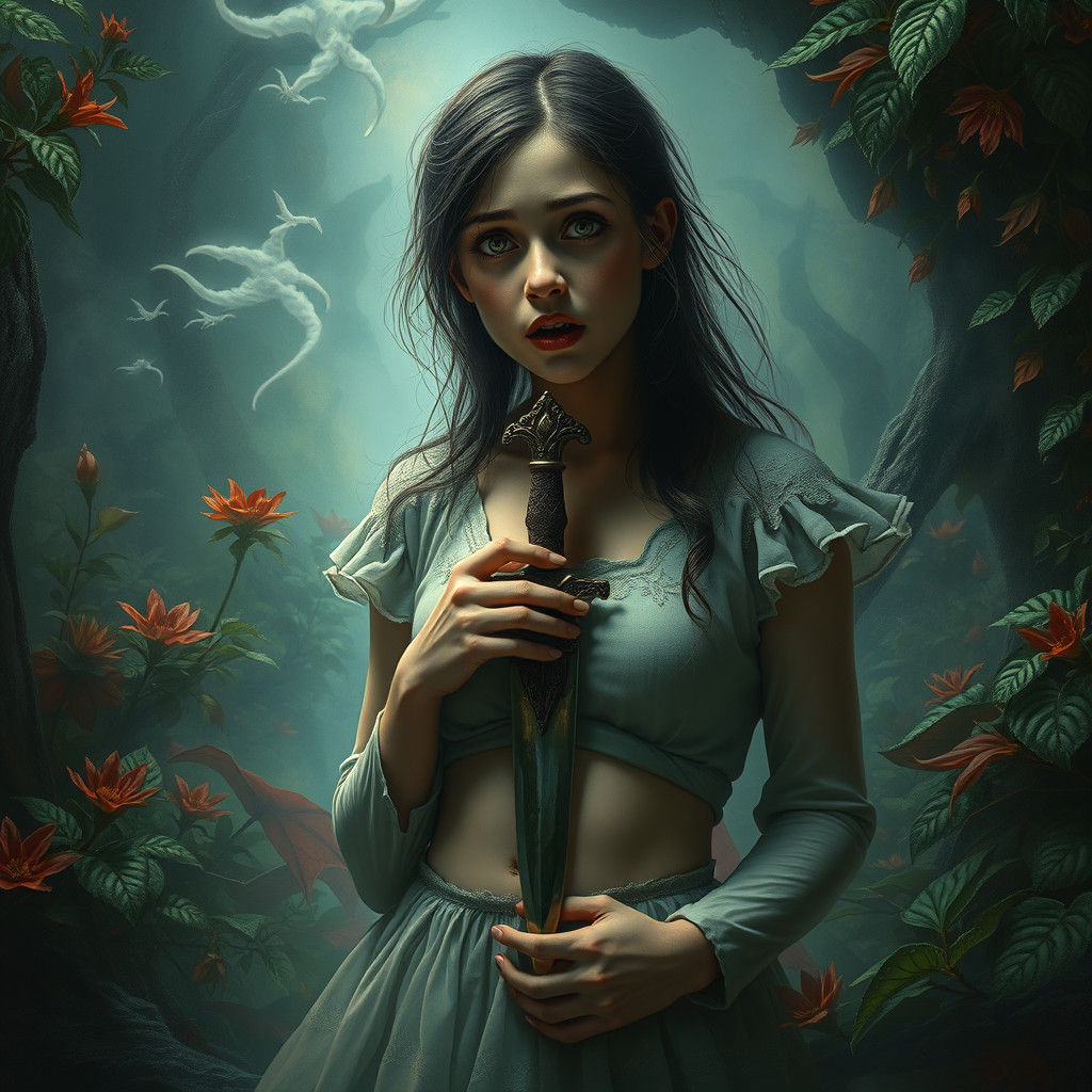 Surreal Girl with Dagger in Dreamlike Setting