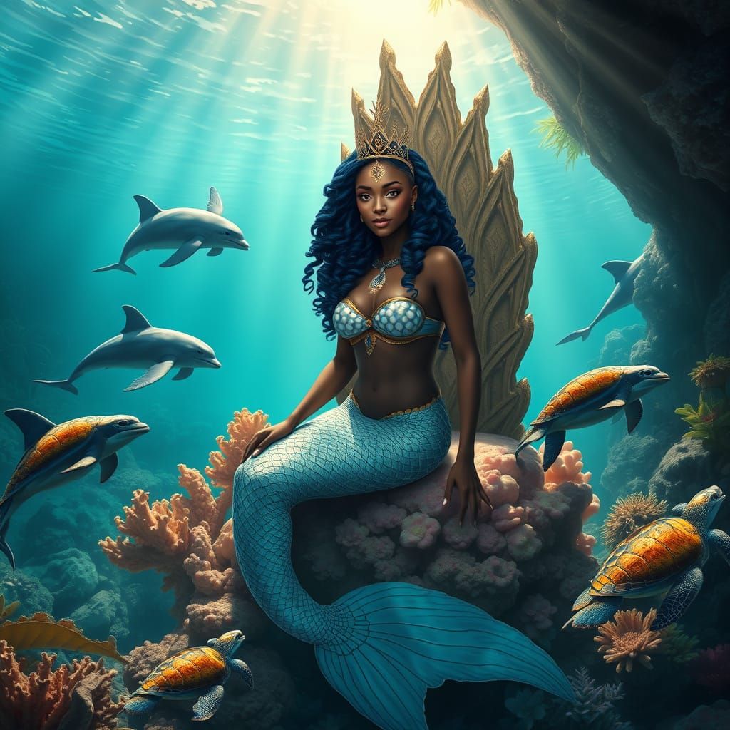 Nubian Mermaid Queen on Coral Throne in Hyperrealism Style