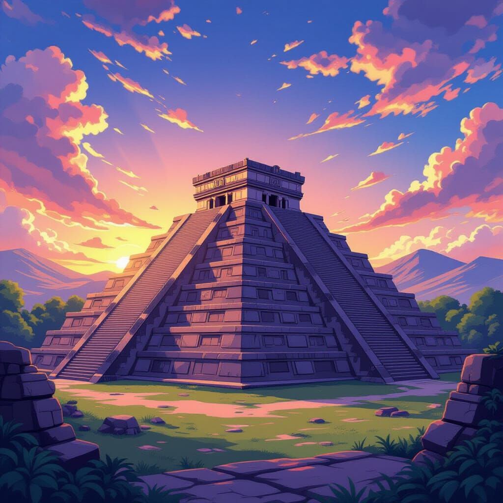 Teotihuacan Pyramid at Sunset: Anime Key Visual Style