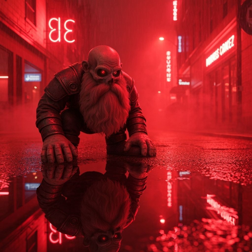 Dwarf's Skull Reflection in Red Neon Cyberpunk Street