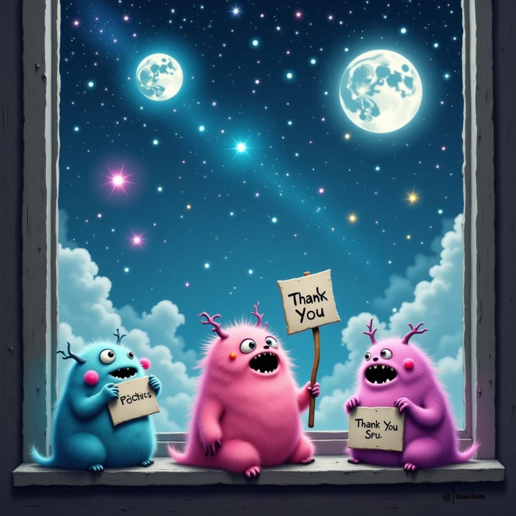 Pastel Monsters Thank You in Whimsical Starry Night