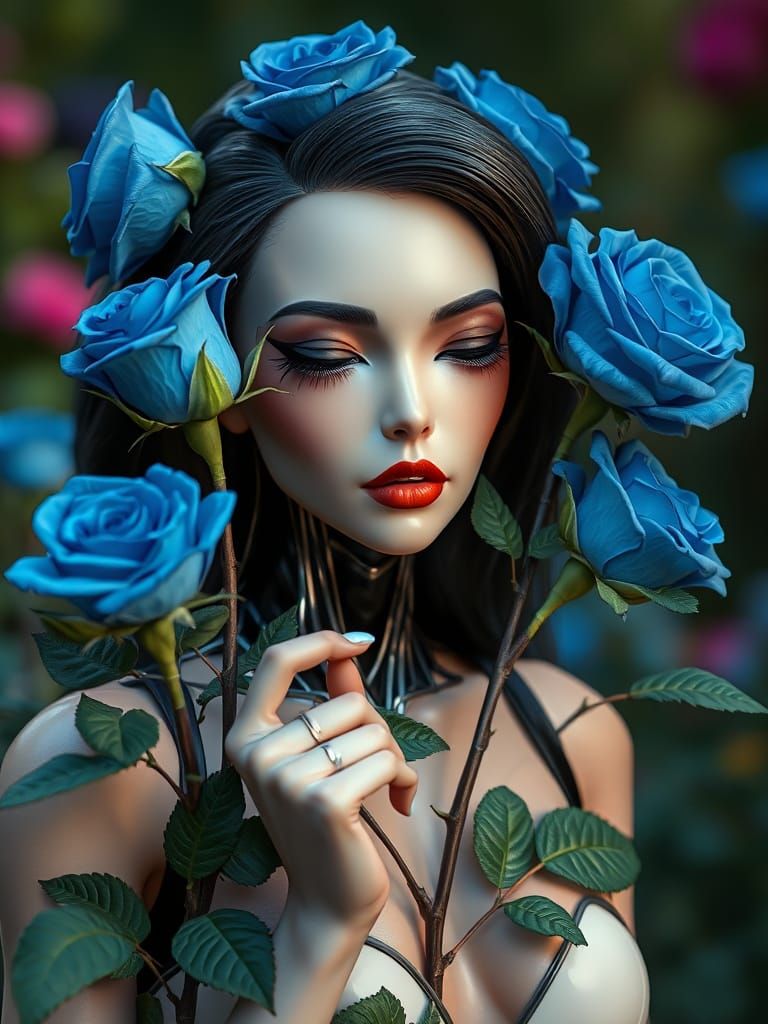 Humanoid Android Cultivates Blue and Black Roses
