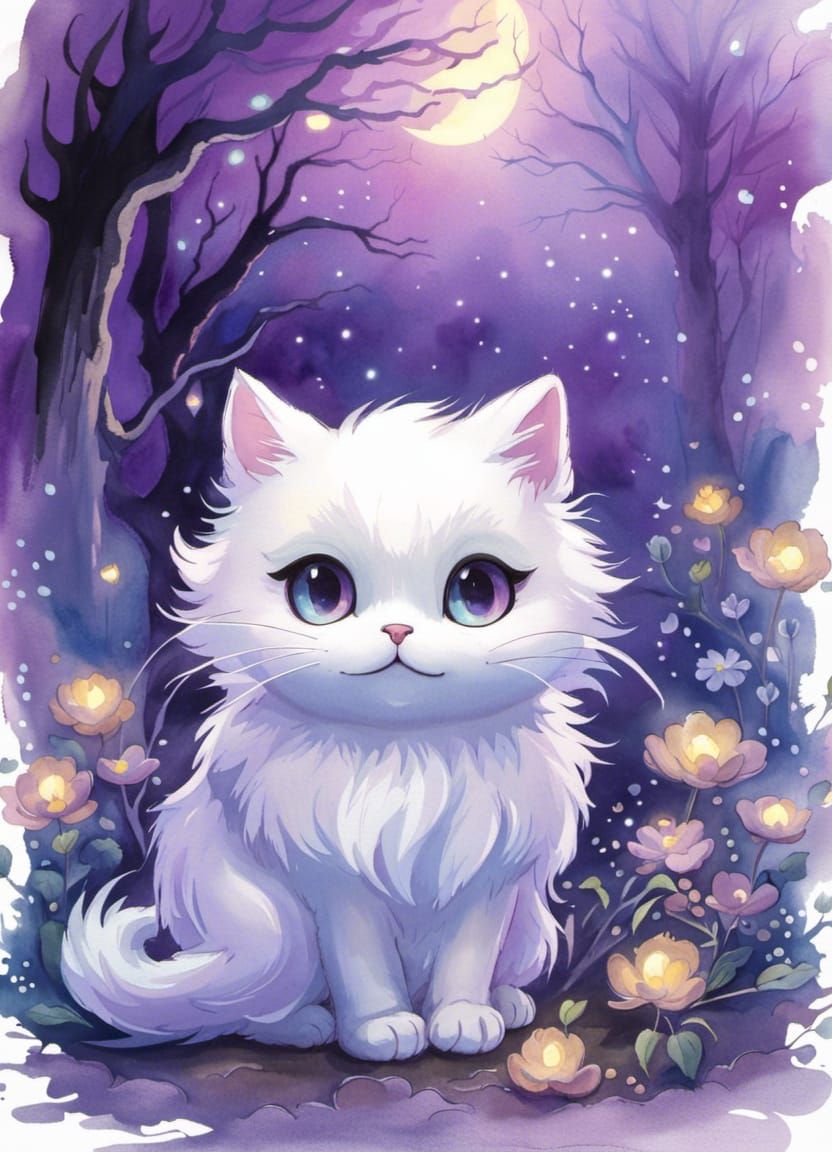 Ethereal Chibi Ghost Cat in Watercolor Style