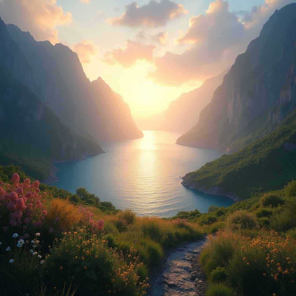Majestic Mountain Valley Meets Crystal Sea at Sunrise