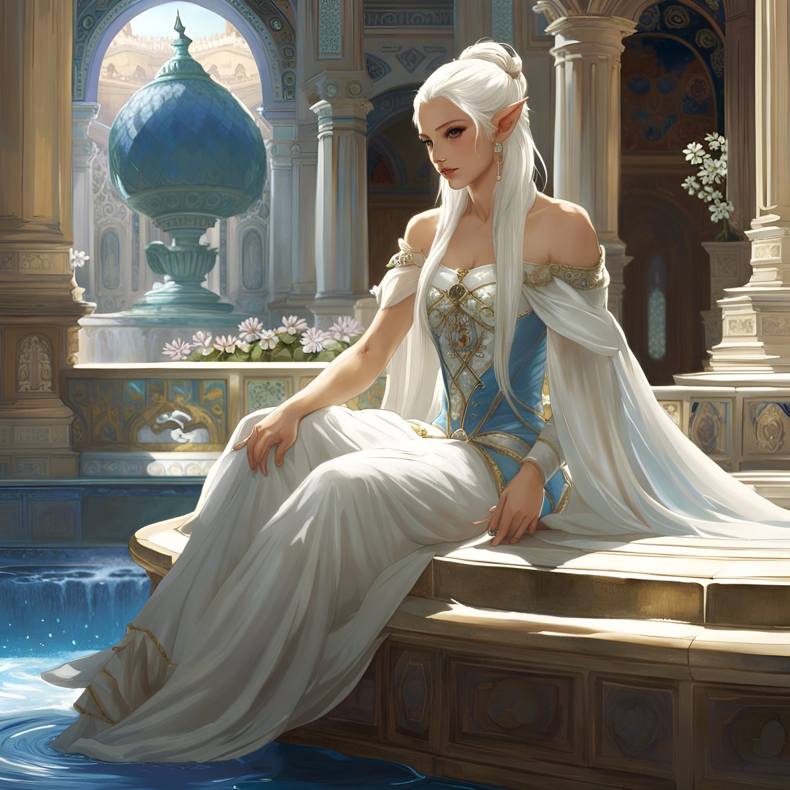 Elegant Elf Princess at Palace Fountain