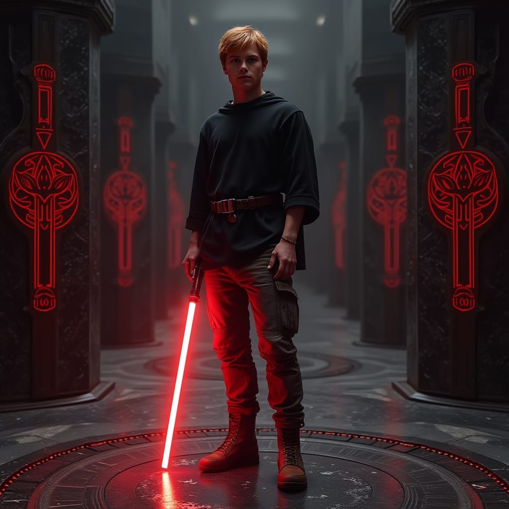 Hyper-Realistic Portrait with Lightsaber in Sci-Fi Chamber