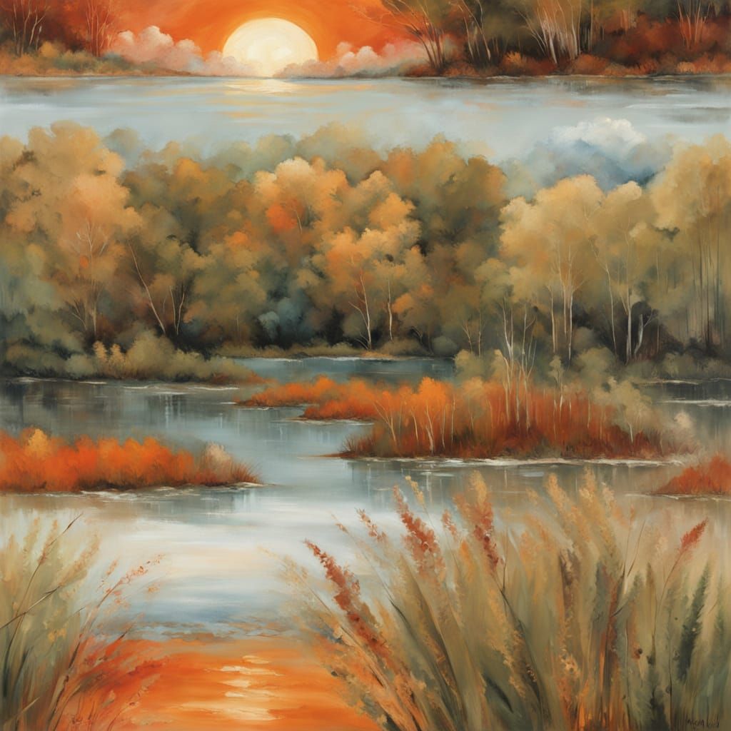 Tranquil Sunset Lake: Detailed Oil Painting