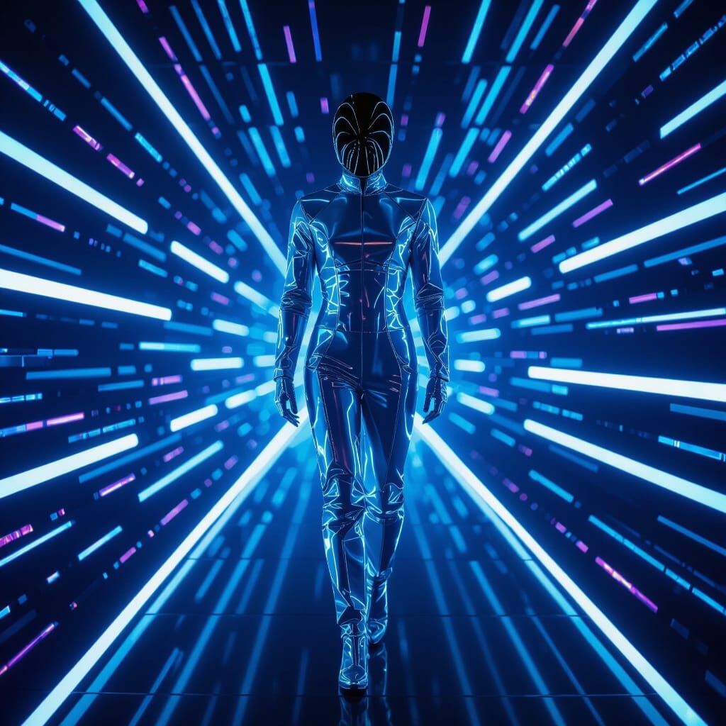 Quantum Envoy in Futuristic Light Corridor