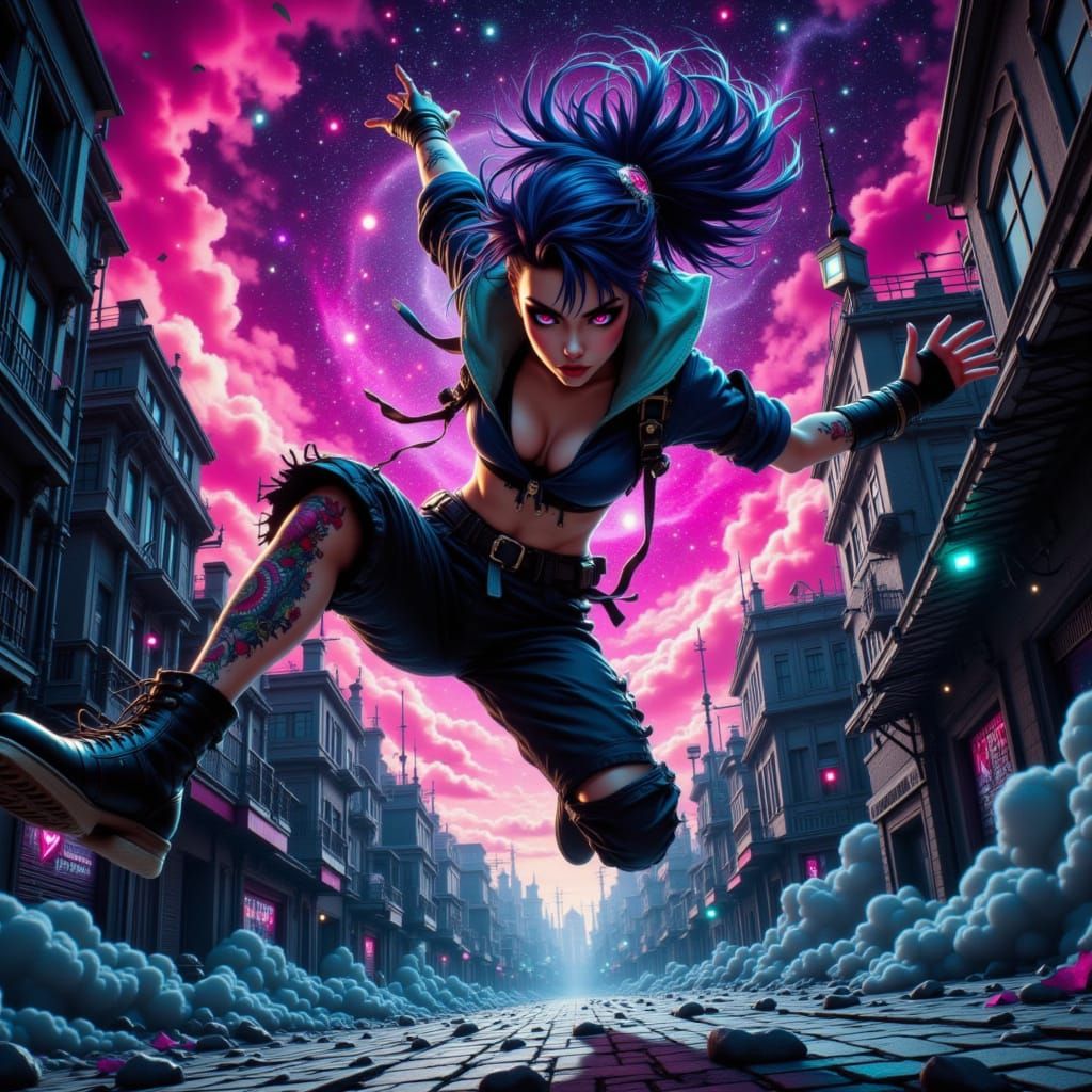 Dynamic Manga Fighter Dodges Projectiles in Dystopian City