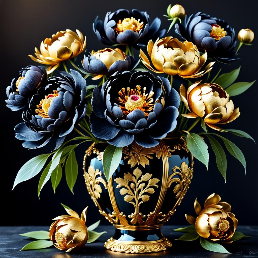 Ornate Gold Vase with Black and Gold Peonies