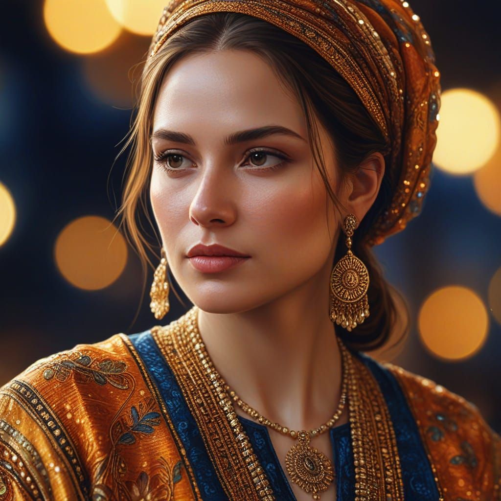 Hyper-Realistic Oil Painting of Woman in Gold Light