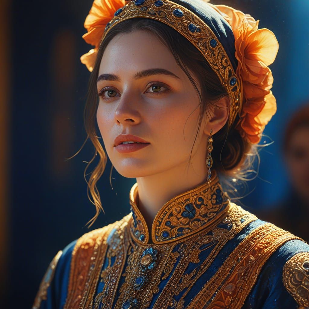 Hyper-Realistic Oil Painting of Woman in Ornate Clothing