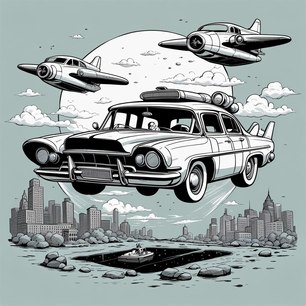 Underground Comix Style Flying Car