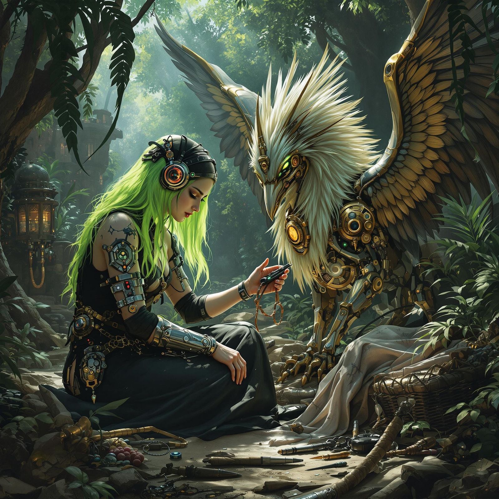 Gothic Dieselpunk Medic Tending Clockwork Hippogriff