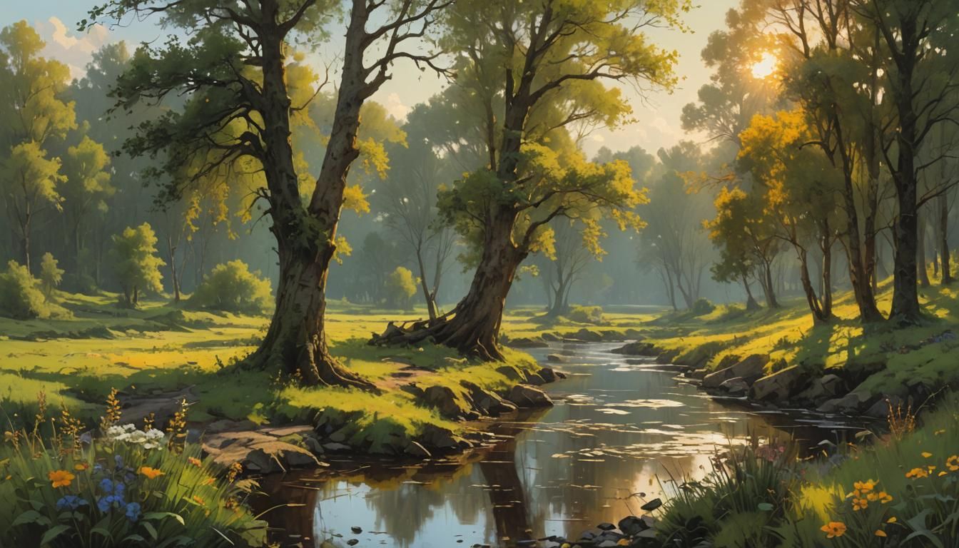 Golden Evening Landscape with River and Wildflowers