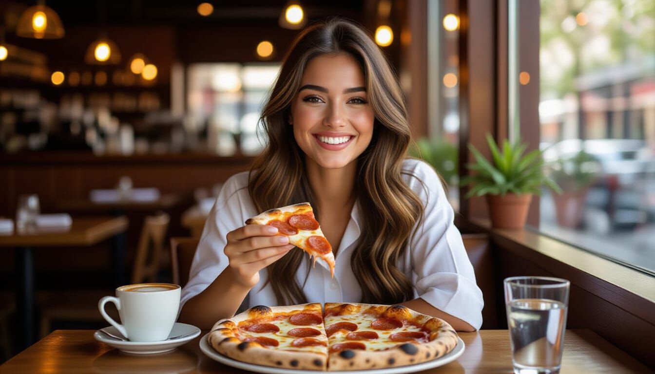 Joyful Woman Enjoys Pizza in Warm Restaurant Setting