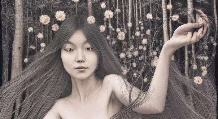 Woman with Narcotic Flower in Etching Style