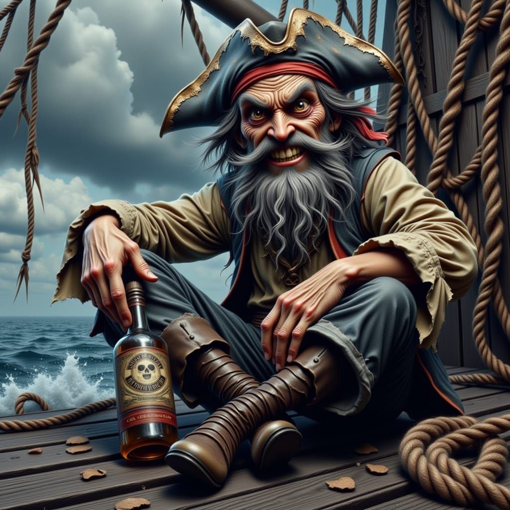 Weathered Pirate Captain on a Stormy Pier