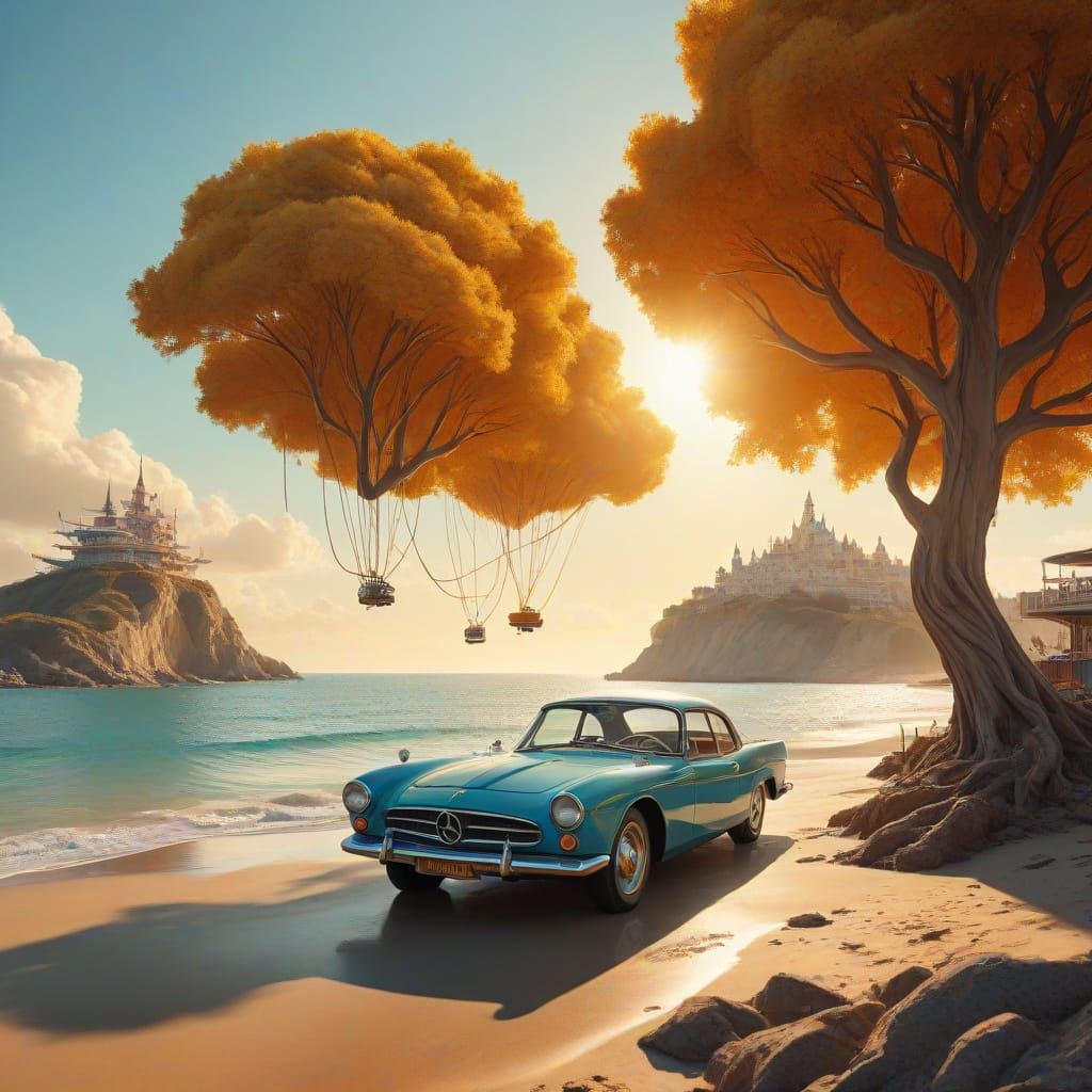 Surreal Flying Cars in Retrofuturistic Coastal City