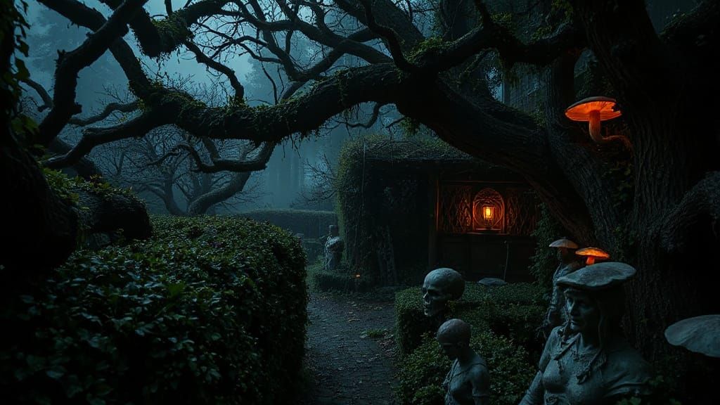 Spooky Overgrown Garden Maze with Glowing Vines