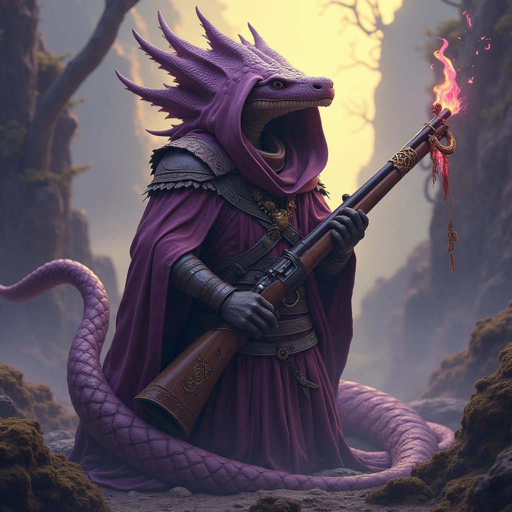 Majestic Naga Warrior in Dark Fantasy Landscape