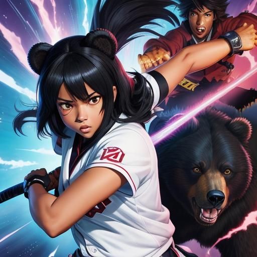 Baseball Legend vs. Ninja Bear Demons in Anime Style