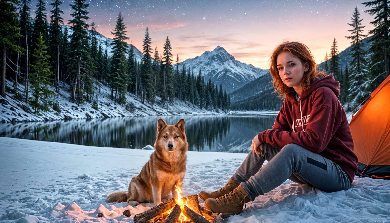Snowy Winter Camping Scene with Irish Teenage Girl and Dog
