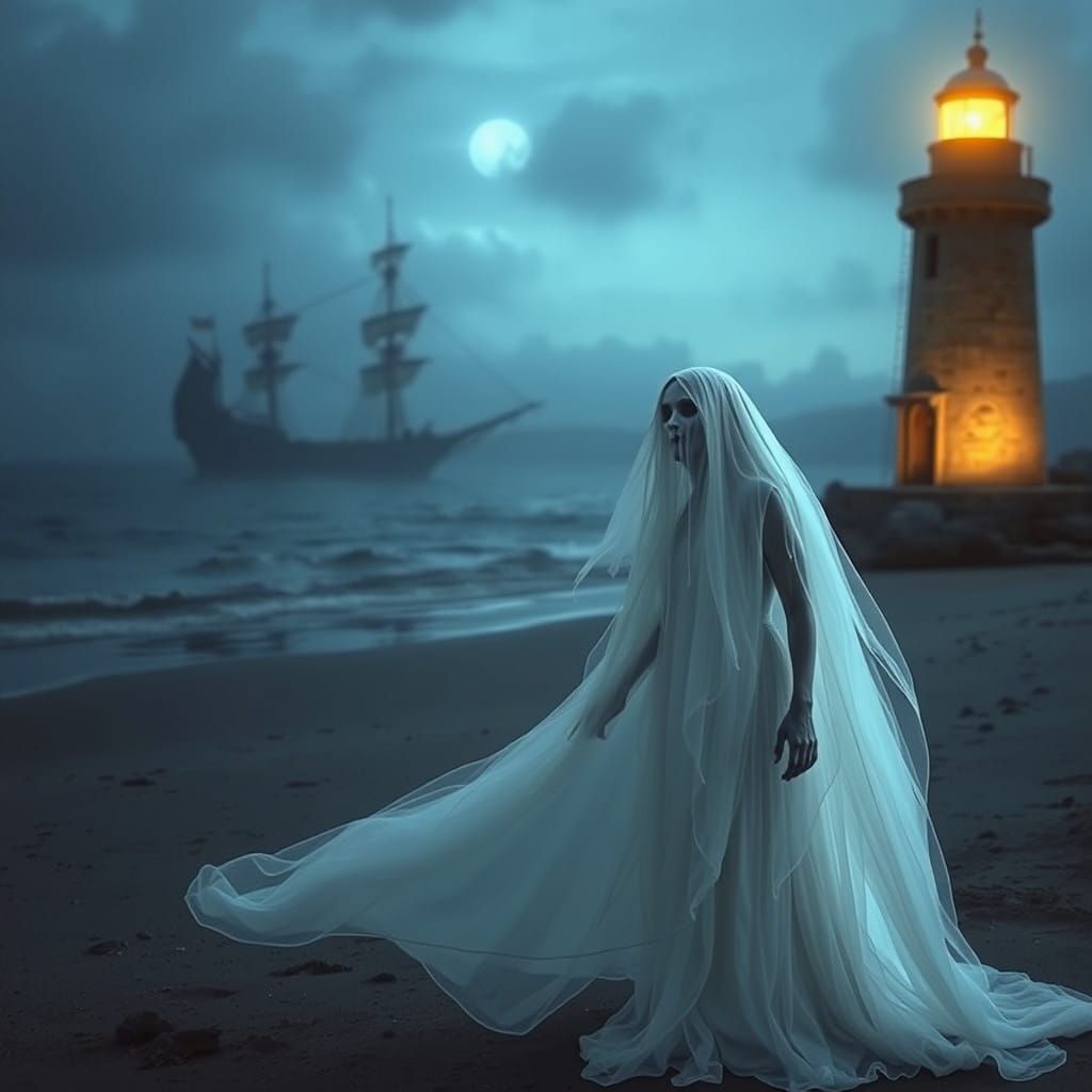 Ethereal Female Spirit Amidst Lighthouse and Ancient Ship