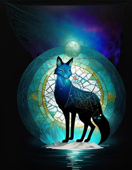 Tribal Fox Double Exposure with Cosmic Waterfall