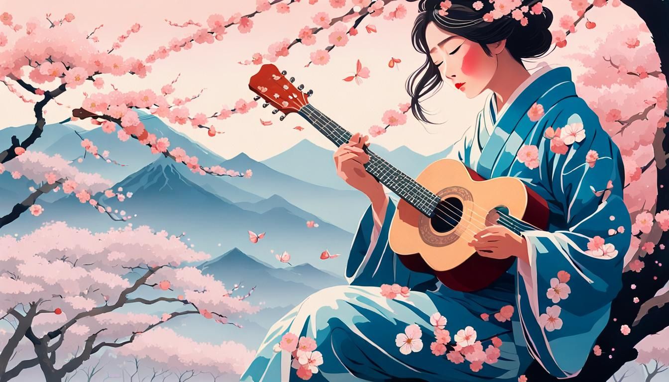 Ethereal Japanese Woman in Cherry Blossom Kimono
