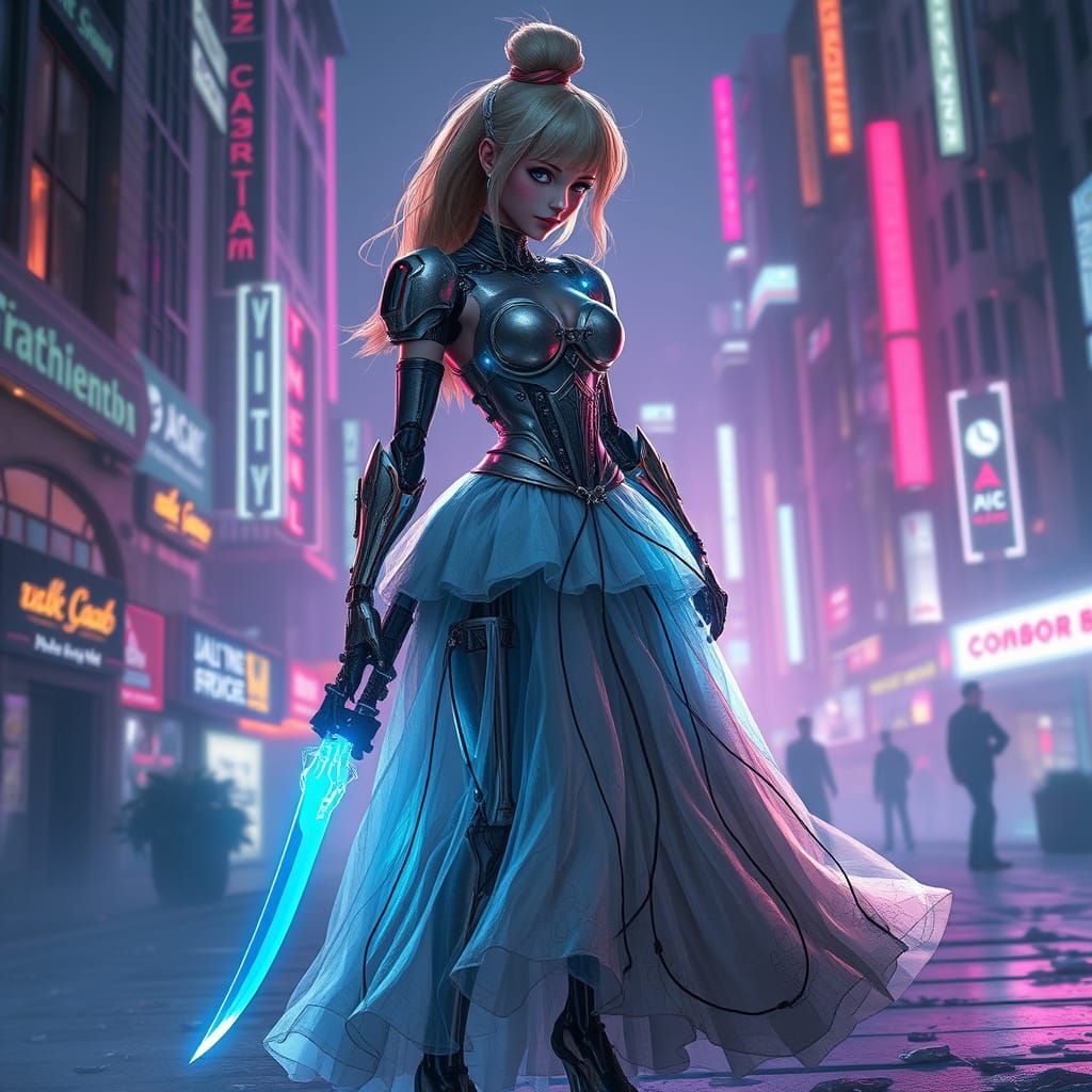 Cyborg Cinderella in Neon Cityscape