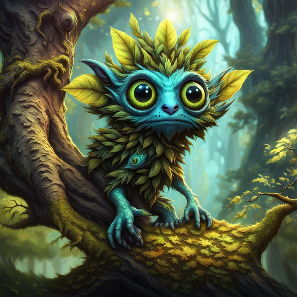 Cute furry anthropomorphic alien treemonster, big eyes, leafy limbs,