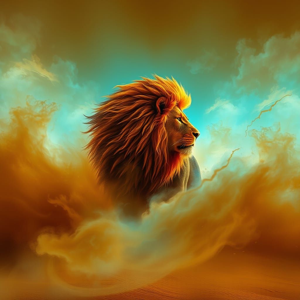 Regal Lion Silhouette in Turbulent Sandstorm