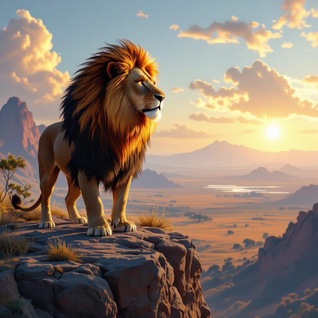 Lion with Fiery Mane Overlooking Savannah as Matte Painting