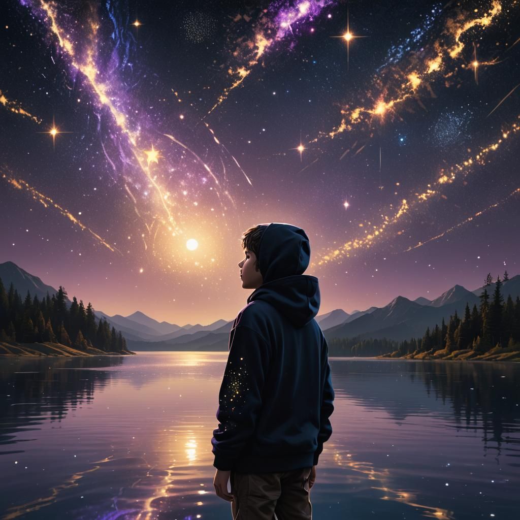 Child with Star Face Gazing into Lake: Digital Art