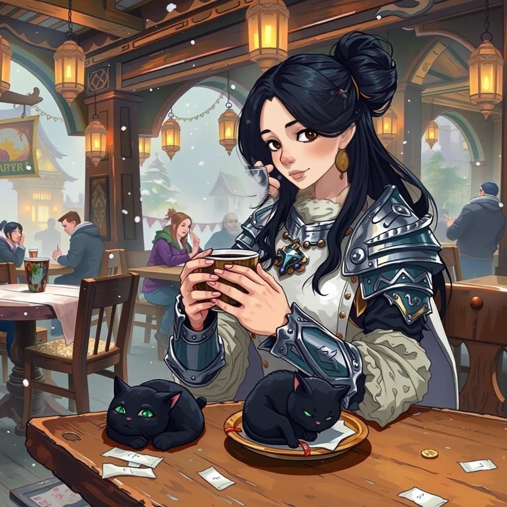 Anime Paladin Enjoying Coffee with Cat