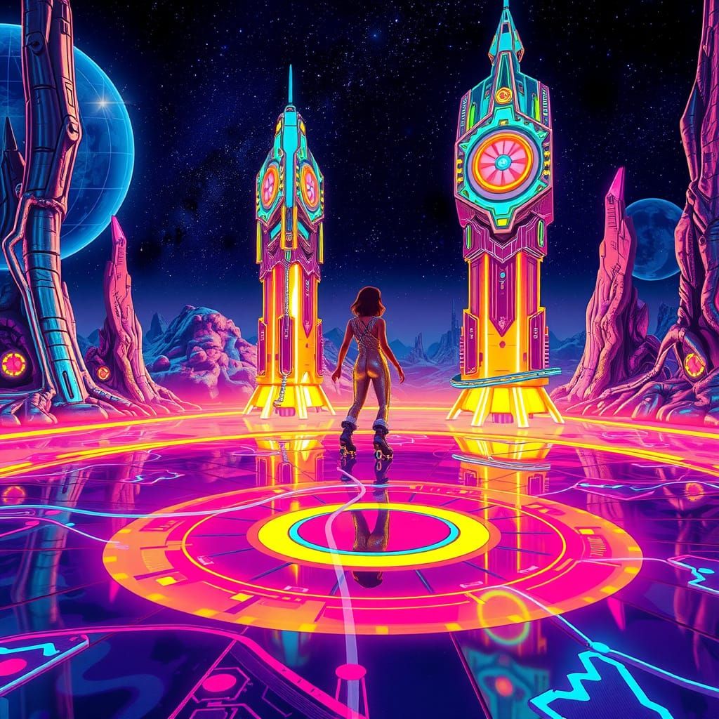 Galactic Disco Roller Skater on a Neon-Lit Alien Planet