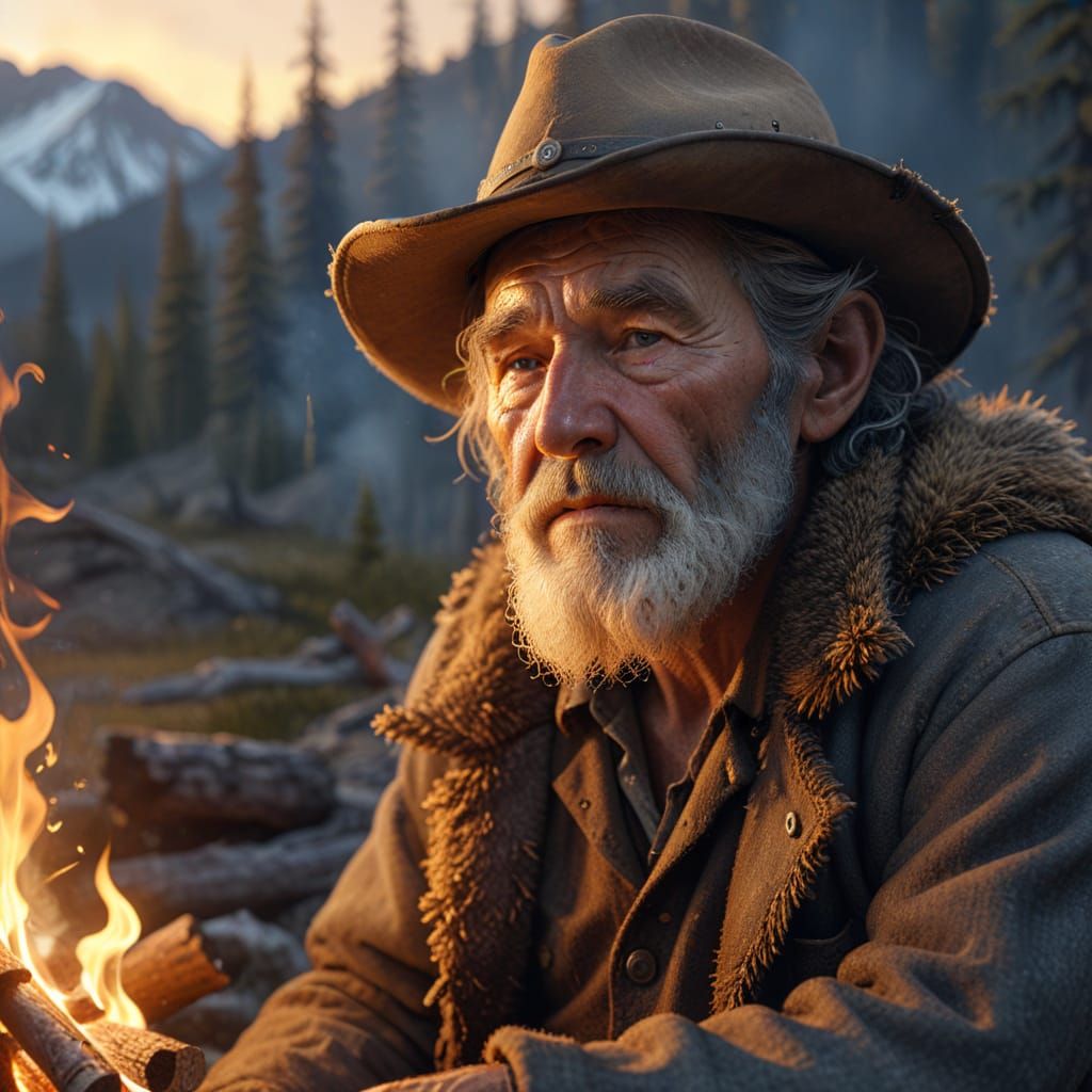 Grizzled Prospector Campfire in Yukon Wilderness